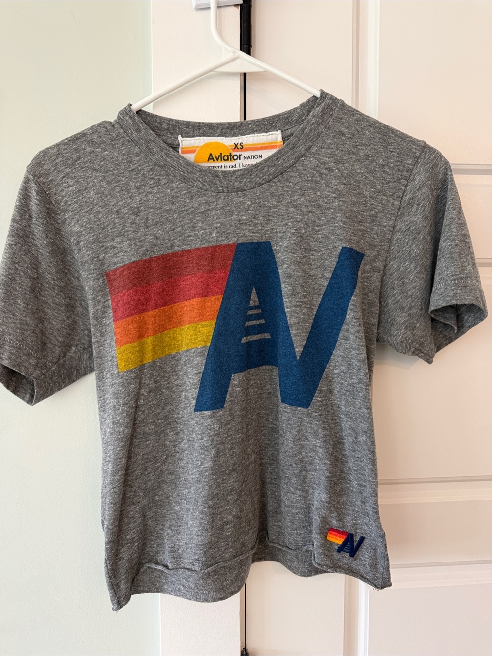 Aviator Nation Kids Heather Gray Tee with Blue Logo & Red/Orange/Yellow Stripes